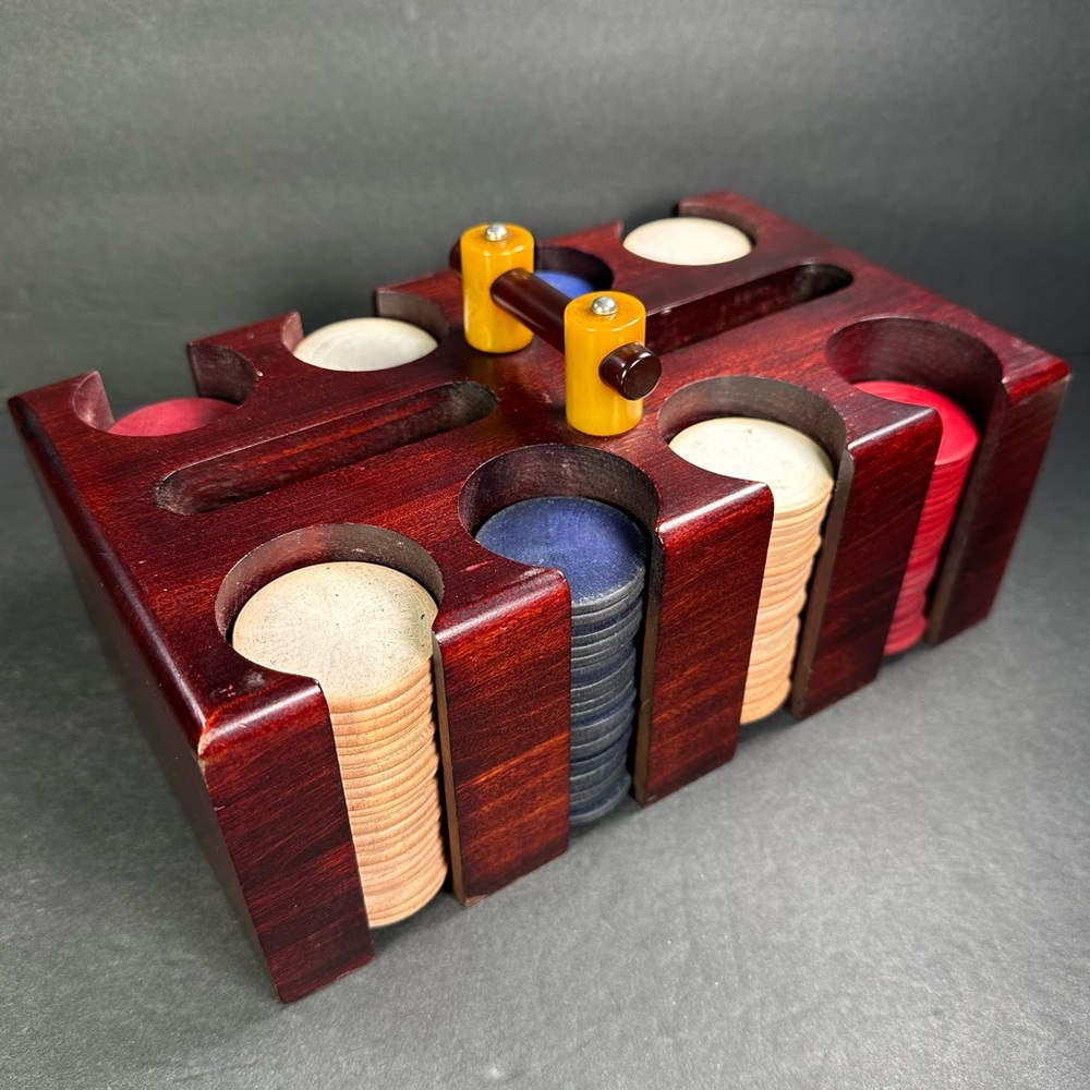 Vintage Bakelite Handle Poker Chips Set Wood Chip & Card Caddy Butterscotch VTG